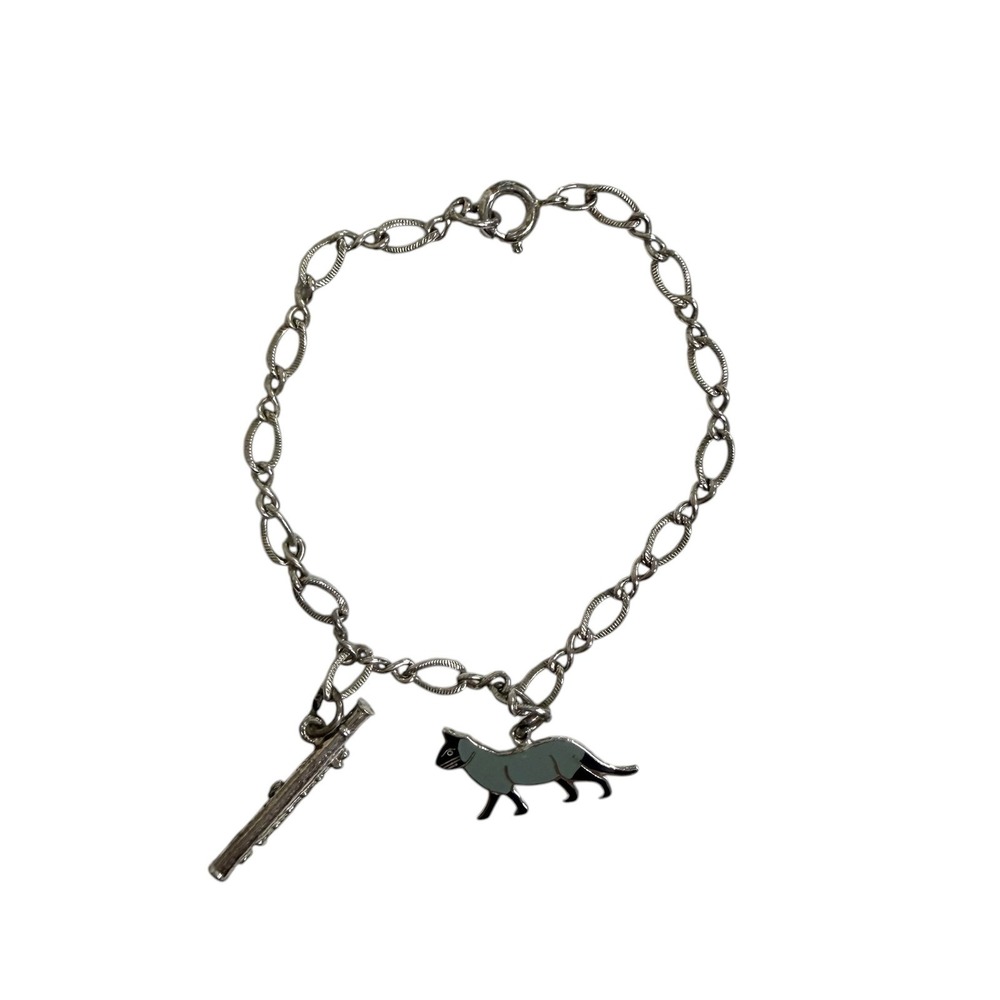 Atlas Charm Bracelet Sterling 925 Womens Silver Cat Flute Enamel Music Cat‎ Lady